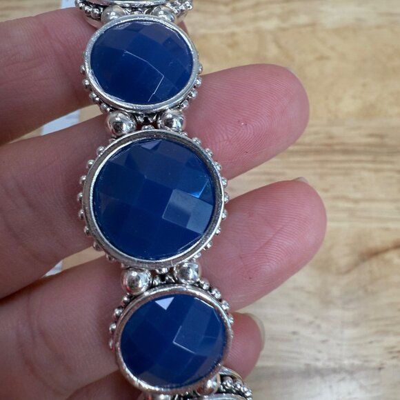 Napier Silver-Tone Stretch Bracelet With Faceted Blue Cabochon Accents - Picture 7 of 9